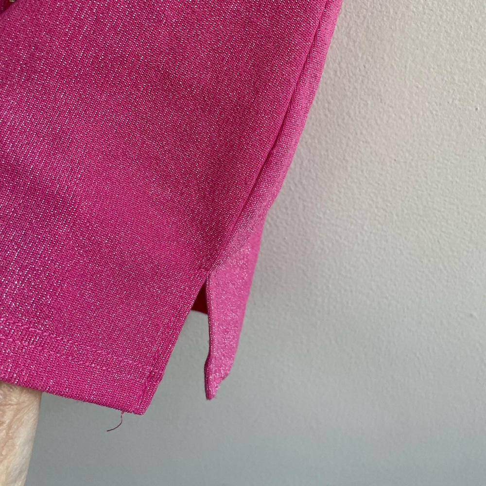 HOT PINK SHORT SLEEVE SKIRT SET DOLLS KILL SILVER ZIPPERS GLITTER STRETCH - Picture 15 of 17